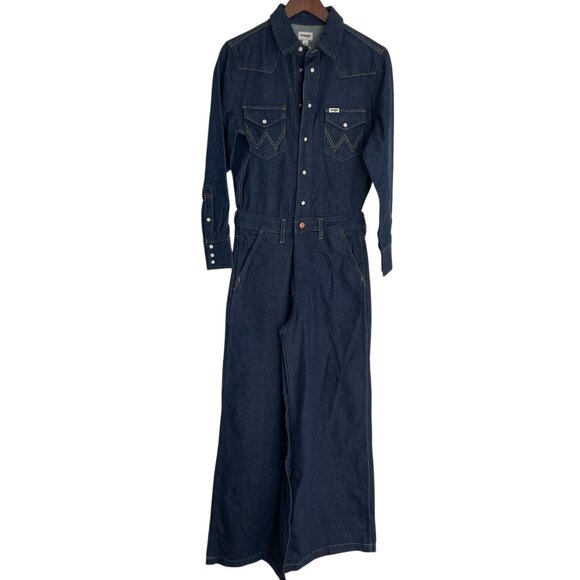 Wrangler Trouser Coverall Jumpsuit S Blue Denim Pearl Snap Flared Leg Western - Picture 3 of 8